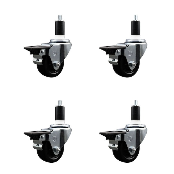 3'' Soft Rubber Swivel 1-3/8'' Expanding Stem Caster Set with Brake, 4PK
